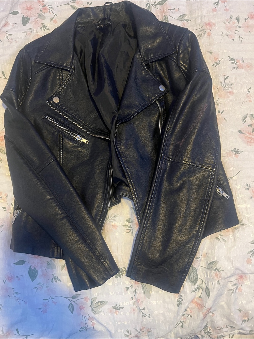 Shinestar Black Faux Leather Moto Jacket with Zip Accents